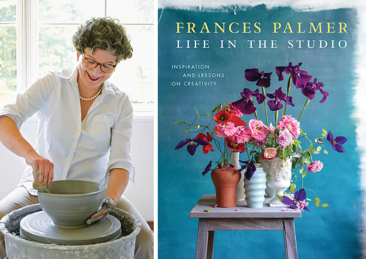 Frances Palmer working at her potters wheel. (Right) Book cover for LIfe in the Studio, featuring a collection of floral arrangements on a stool against a blue background. (Right) book cover for Frances Palmer: :Life in the the Studio