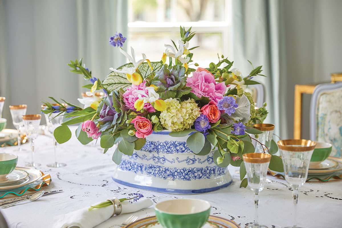 Spring floral arrangement for a dining table by The French Potager