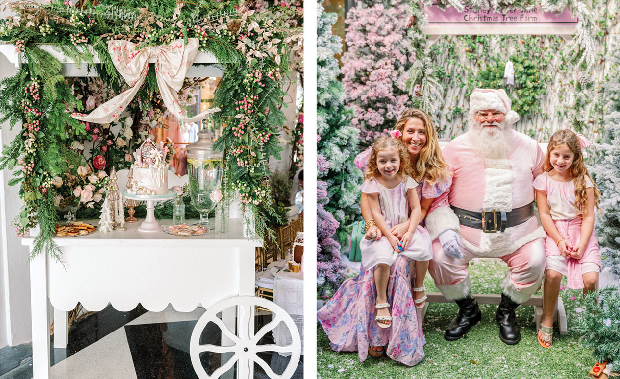 A cart decorated with a canopy of flowers, a large bow, and an elaborate cake stands outside the shop. (Right) pink Santa Claus