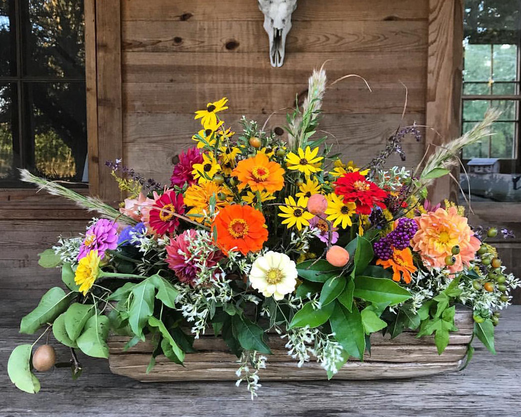 Rustic arrangement in a long, low vessel with zinnias, black-eyed Susan, persimmons, and pears by Little Bluestem, a farmer-florist in Jackson MS