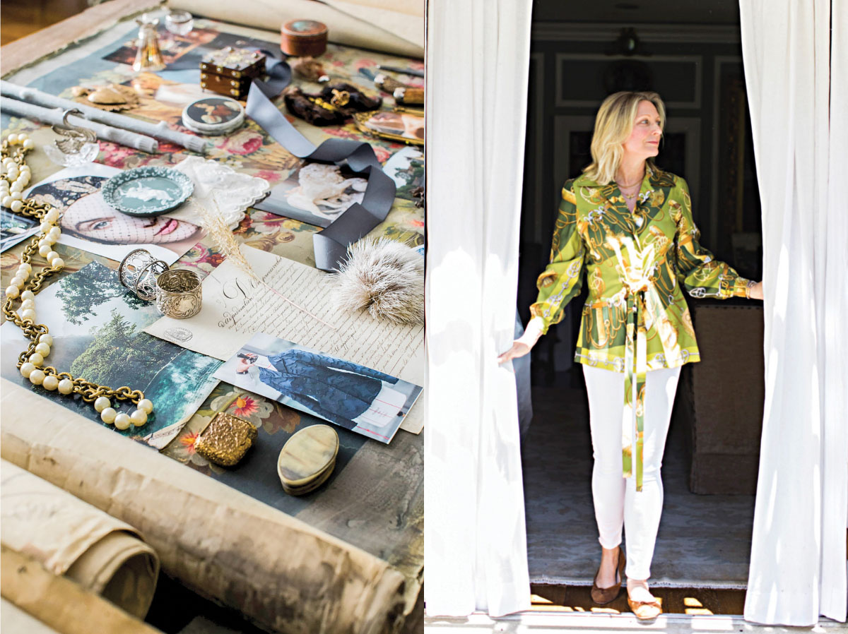portrait of Bethany Berk, founder of Marchioness Home & Garden, and one of her mood boards featuring photos and assorted vintage jewelry and trinkets