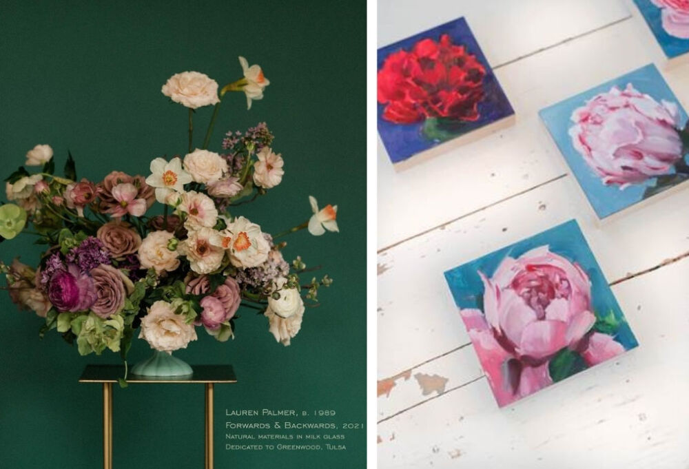 Flower Power: Floral design by Lauren Palmer dedicated to Greenwood, Tulsa. Photo via @thewildmother. Right: paintings of peonies by Amy R. Peterson