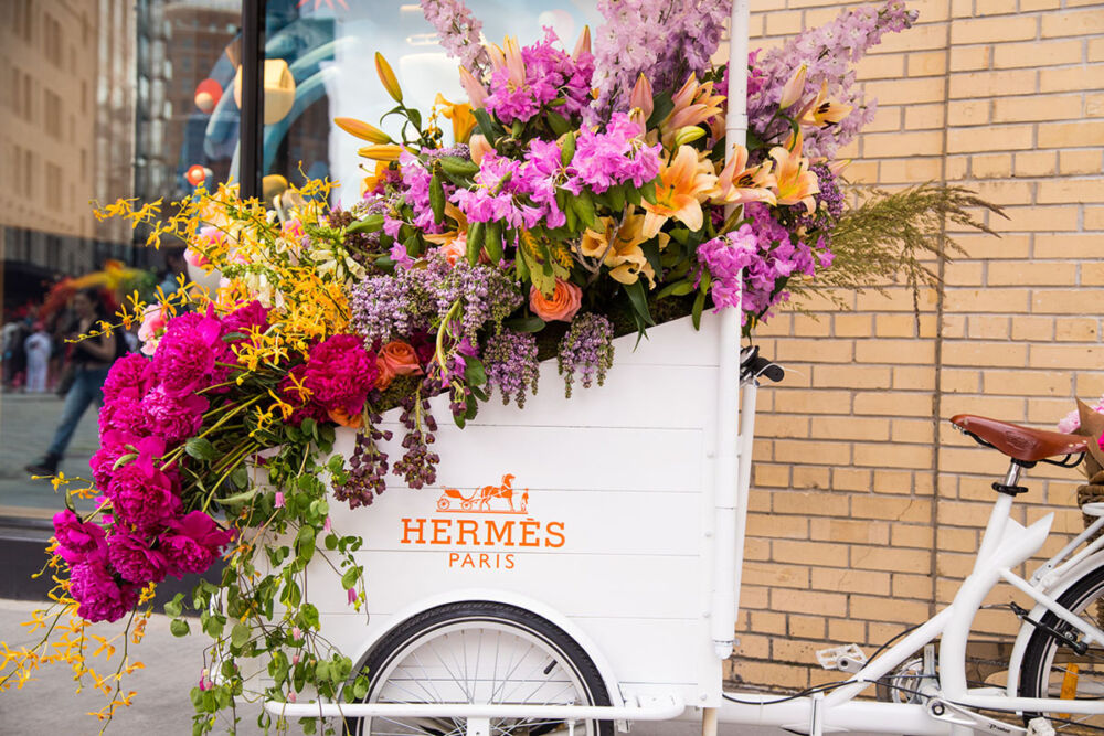 Hermes street cart filled with flowers, a floral design by Renny and Reed for the inaugural L.E.A.F. Flower Festival in New York City