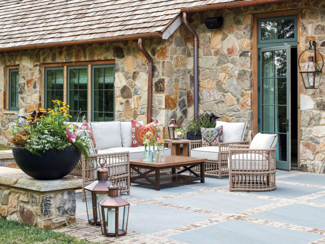 stone patio, outdoor seating, Flower magazine showhouse