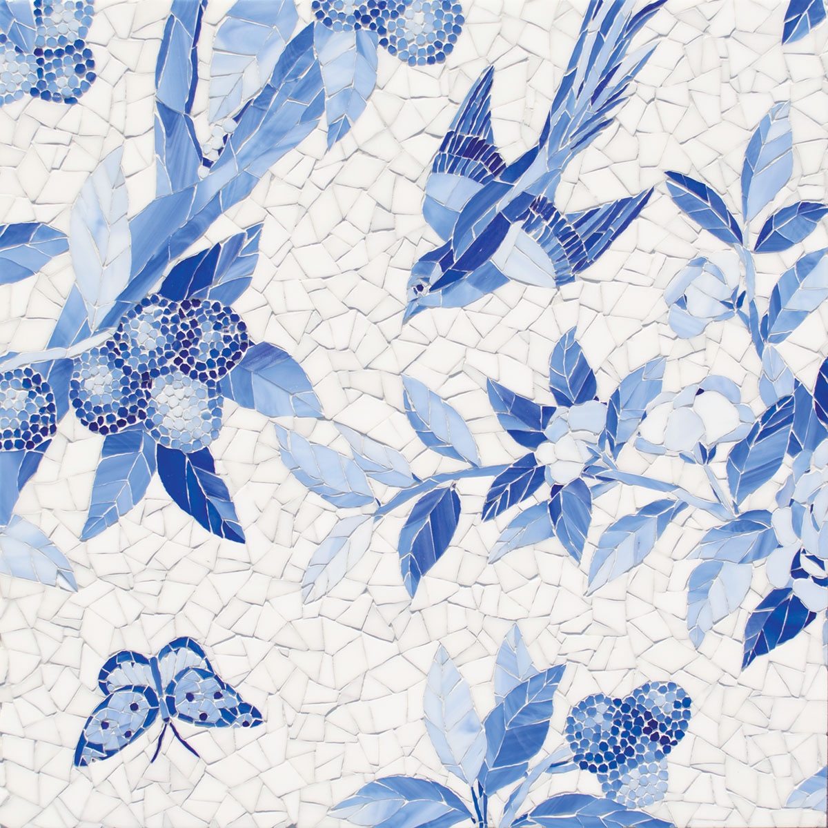 blue-and-white wall mosaic depicting butterflies, birds, and leafy stems of berries from New Ravenna's collaboration with Gracie Studio