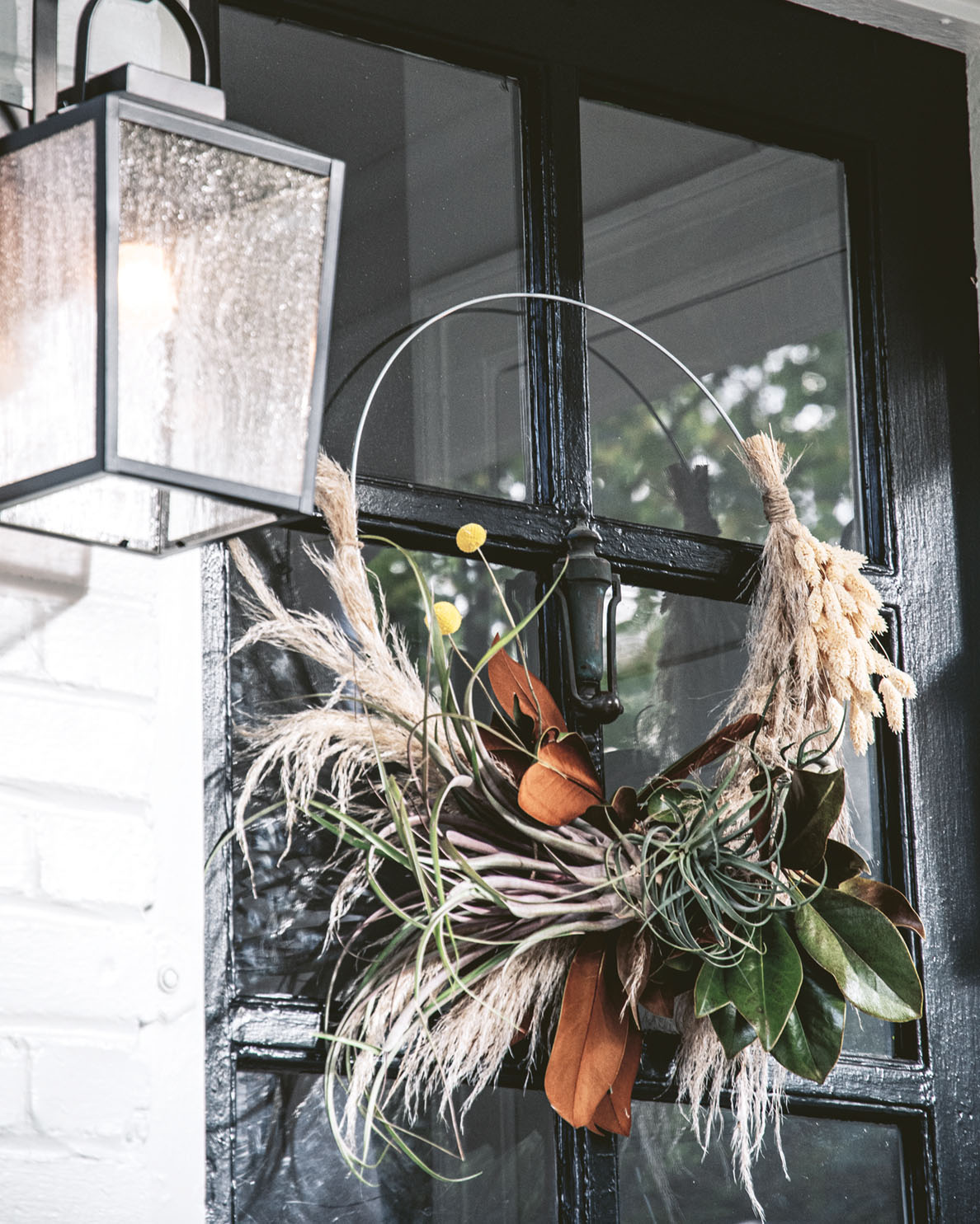 Air plant wreath hanging on a French door painted glossy black