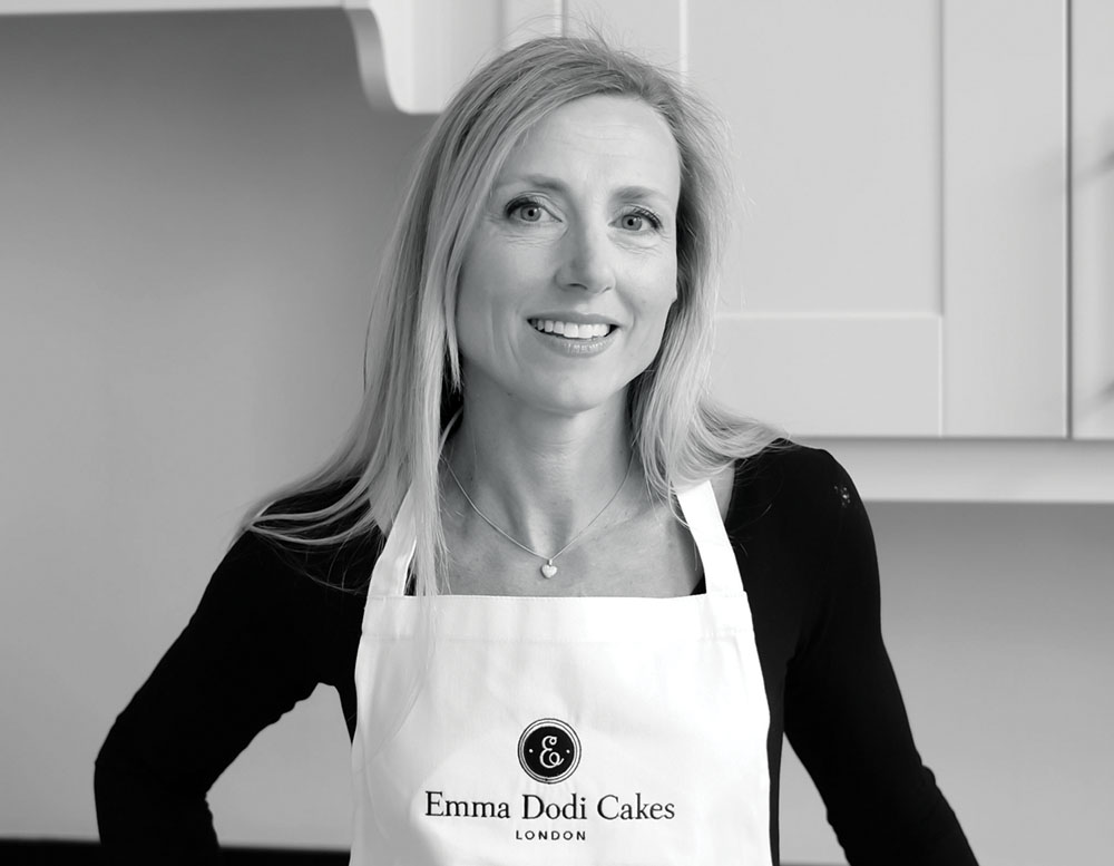 black-and-white photo of London cake designer Emma Dodi