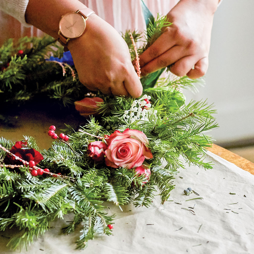 step 8, finishing touches for blooming evergreen wreath