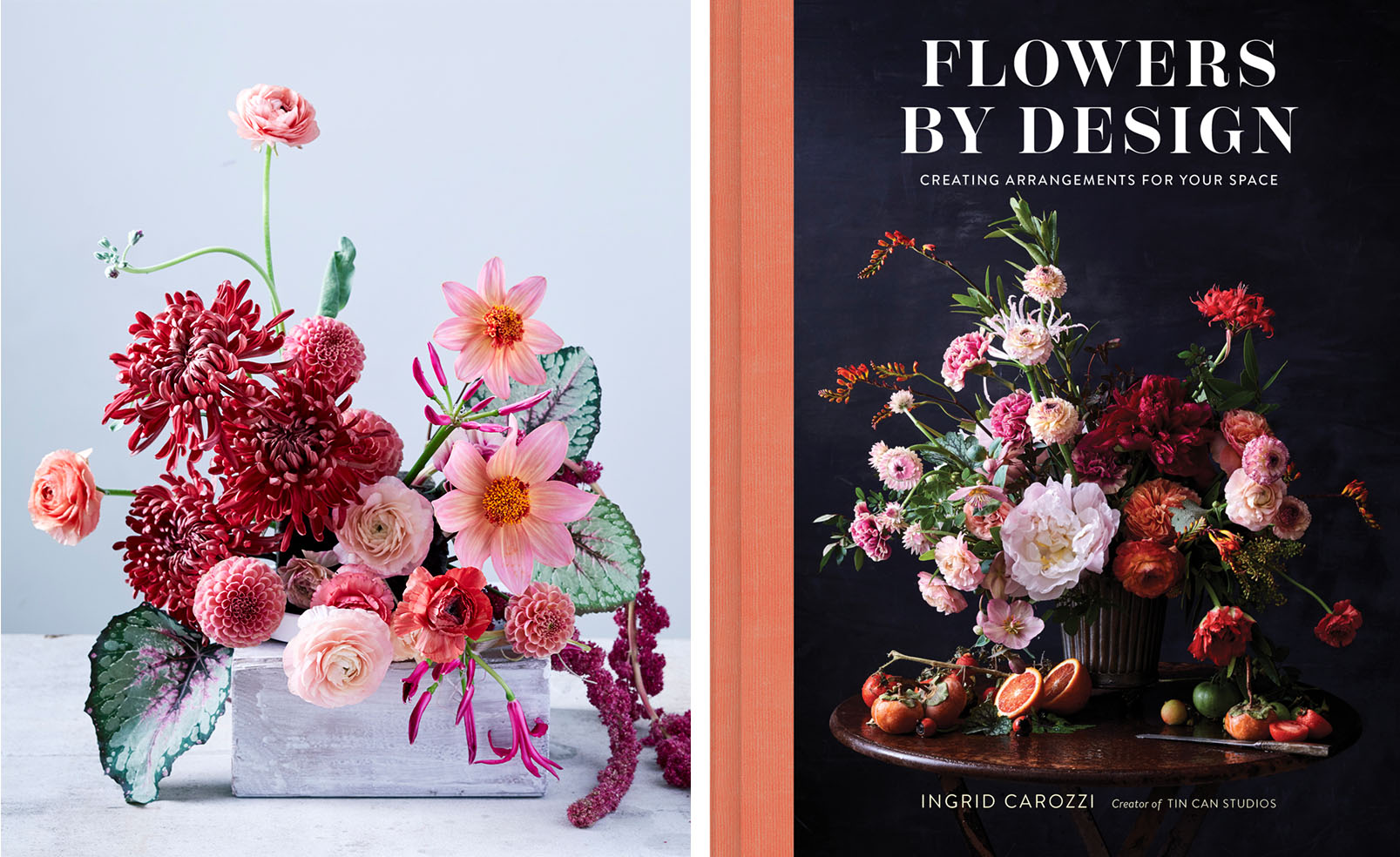 Pink and red flower arrangement by Ingrid Carozzi with the cover of her book, Flowers By Design