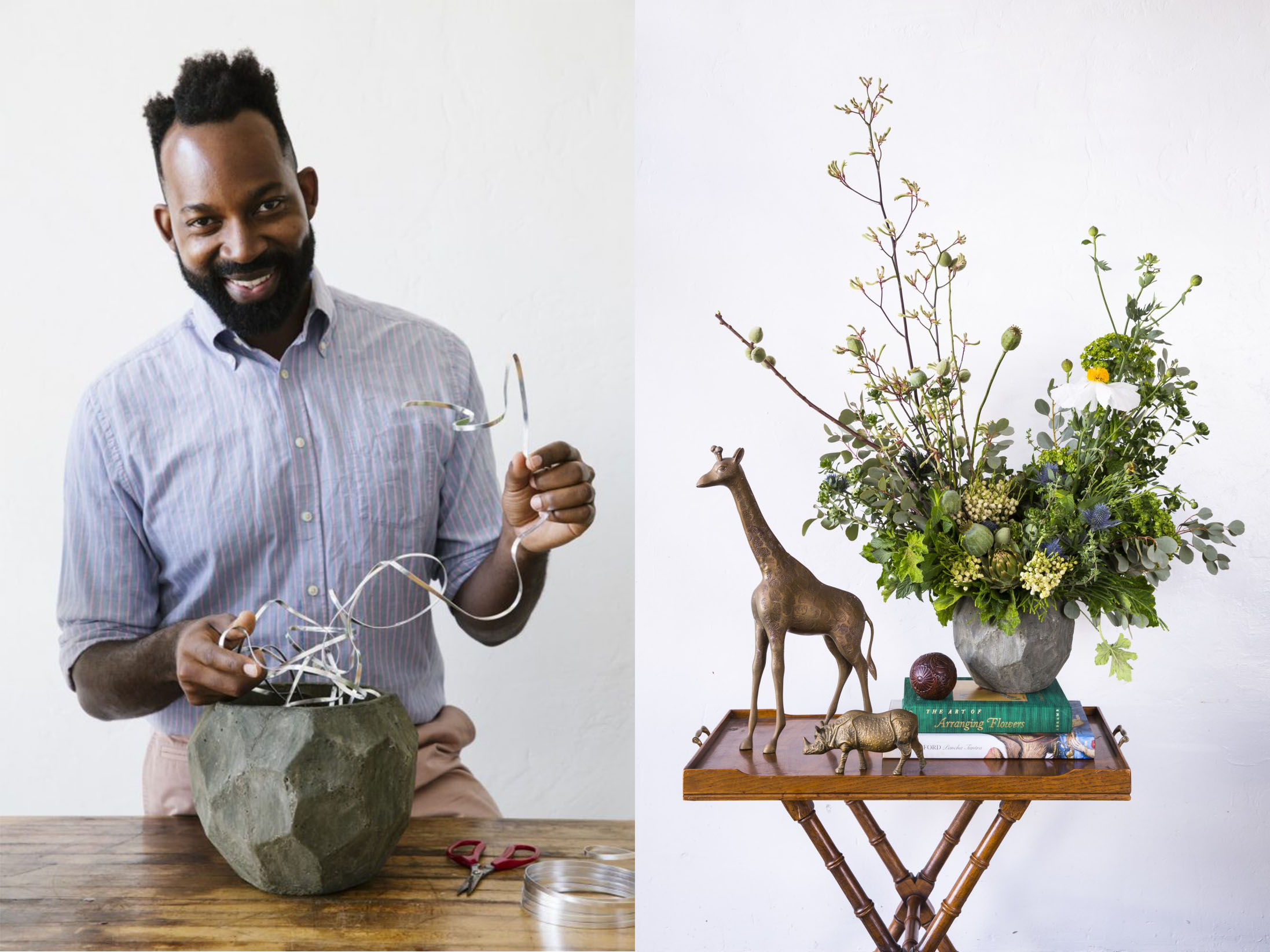 Maurice Harris demonstrating use of flat floral wire as a structural element in an arrangement. Completed arrangement in greens and white, right.