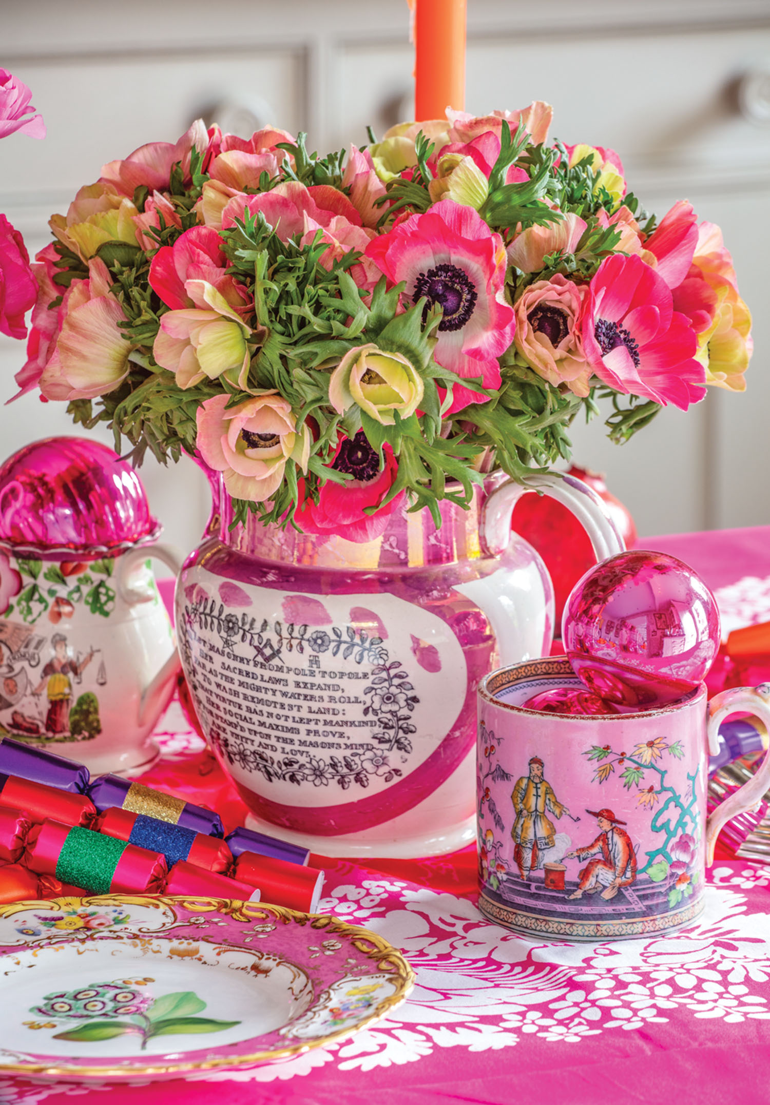Butter Wakefield fills her beloved lusterware with pink anemones for a Christmas celebration
