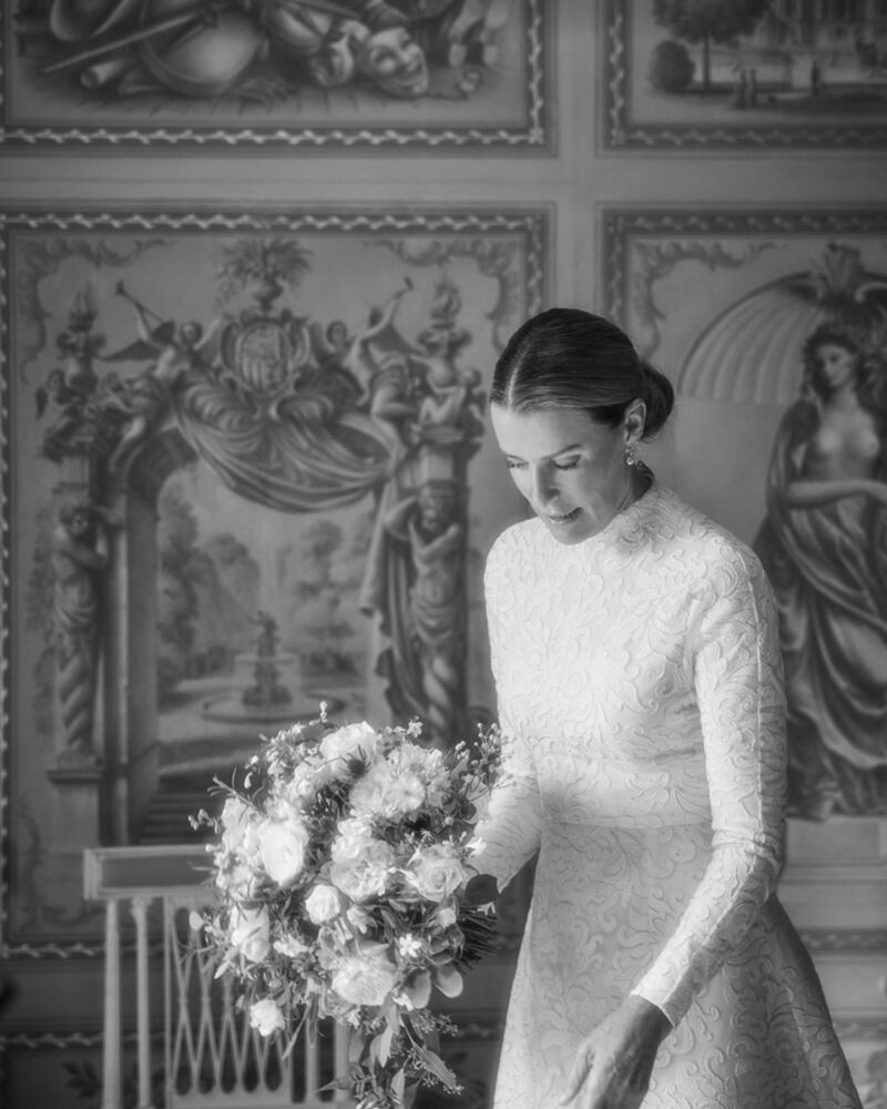 Black and white portrait of India Hicks on her wedding day