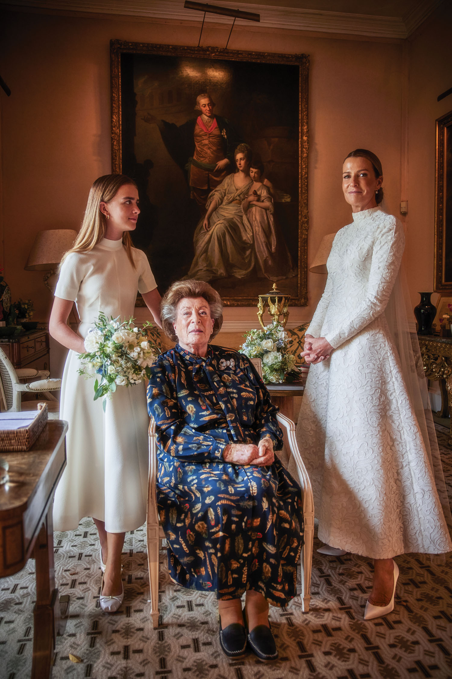 Three generations—India’s daughter and chief bridesmaid, Domino; India’s mother, Lady Pamela Hicks; and India—gather before the ceremony for formal portraits.