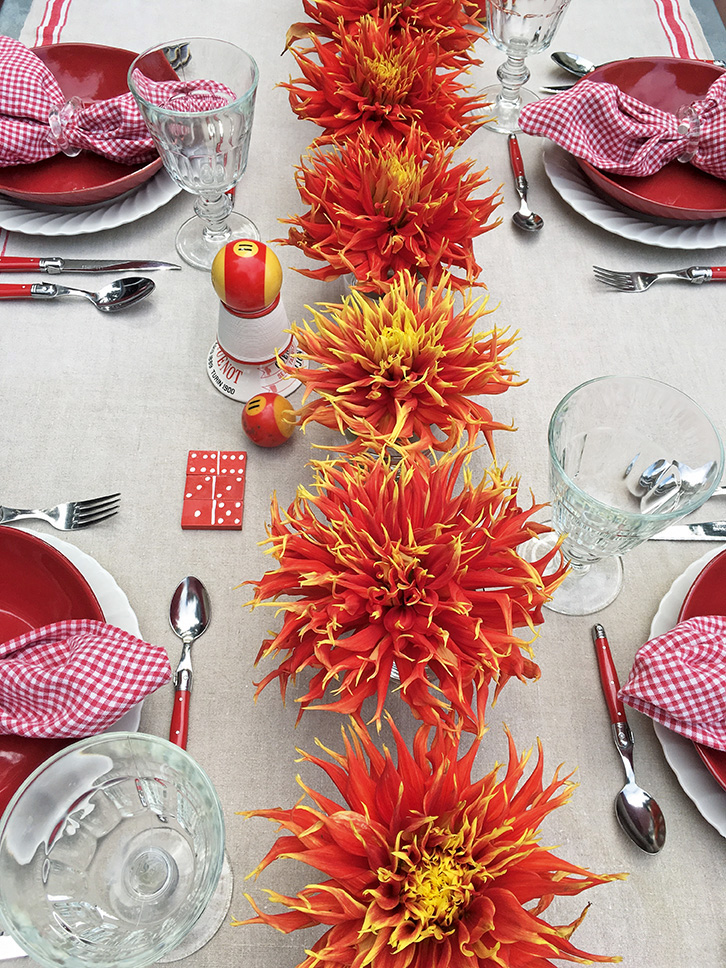 Centerpiece made of a line of single red and yellow dahlia blossoms down center of table.