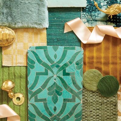 collage of items in shades of green and gold