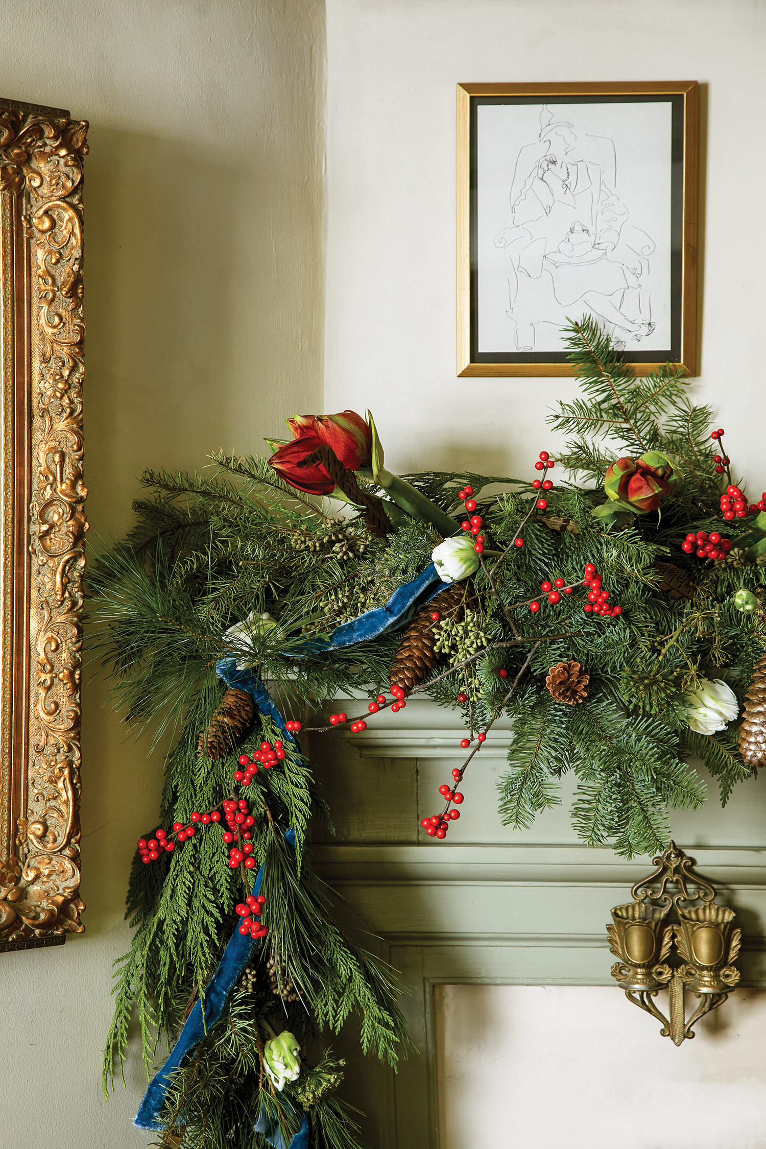 mantel decorated with garland