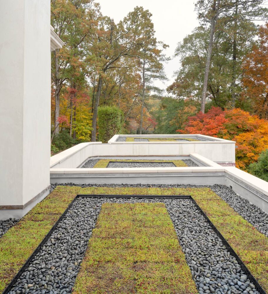 Rooftop of Regency-style Flower Atlanta showhouse planted with sedum roof garden.