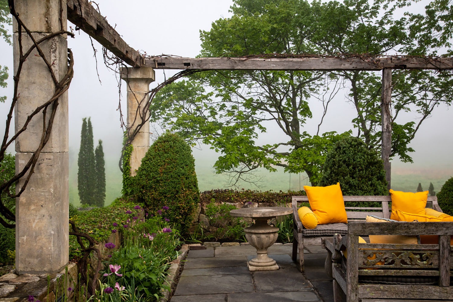 Yellow pillows light up a foggy outdoor space.