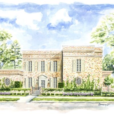 Watercolor rendering of Ivy House, the Flower Magazine Baton Rouge Showhouse.