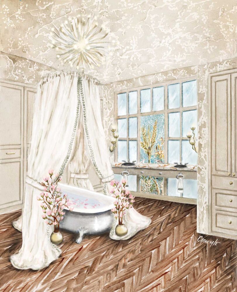 Rendering of the primary bath designed by Arianne Bellizaire at the Flower magazine Baton Rouge Showhouse