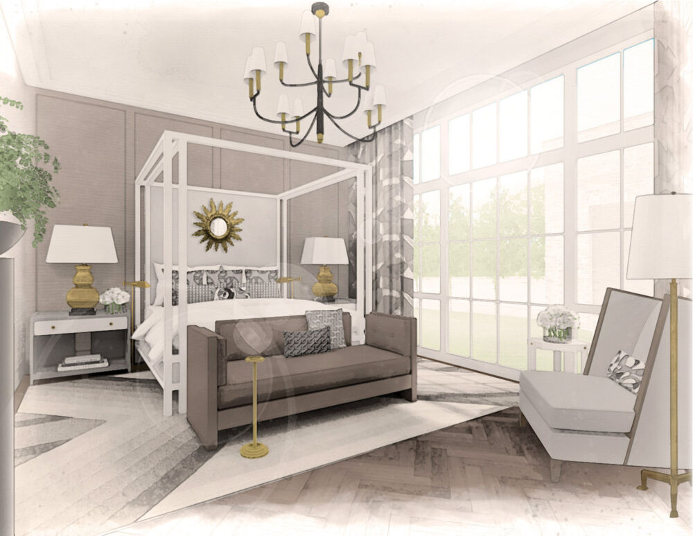 Rendering of the primary bedroom designed by Benjamin Johnston at the Flower magazine Baton Rouge Showhouse