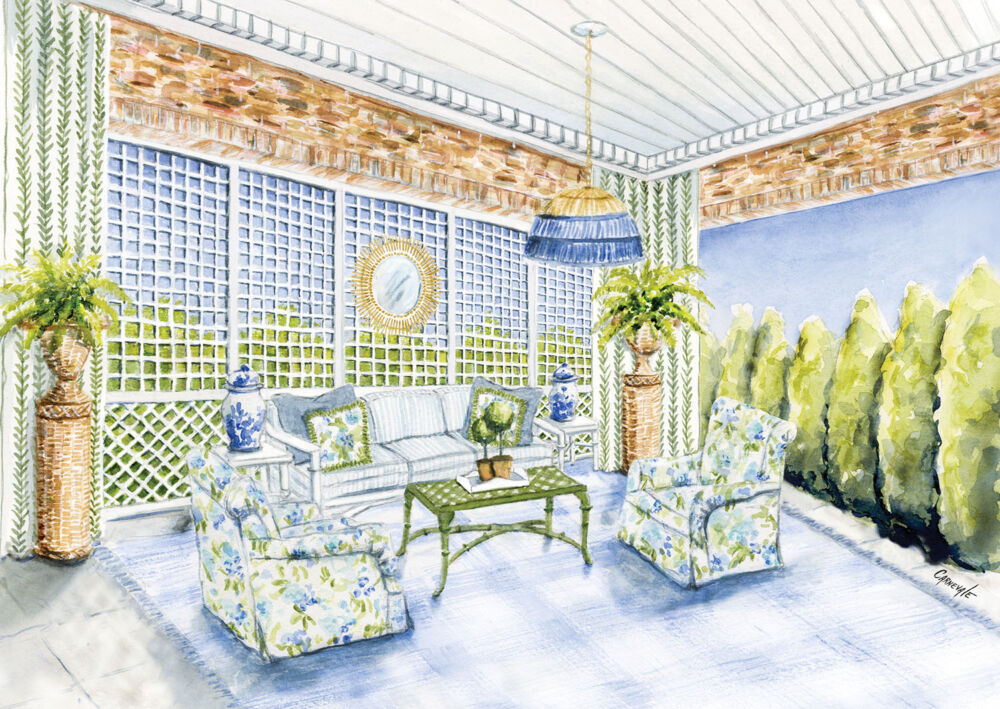 Rendering of the back porch designed by Huff Dewberry at the Flower magazine Baton Rouge Showhouse