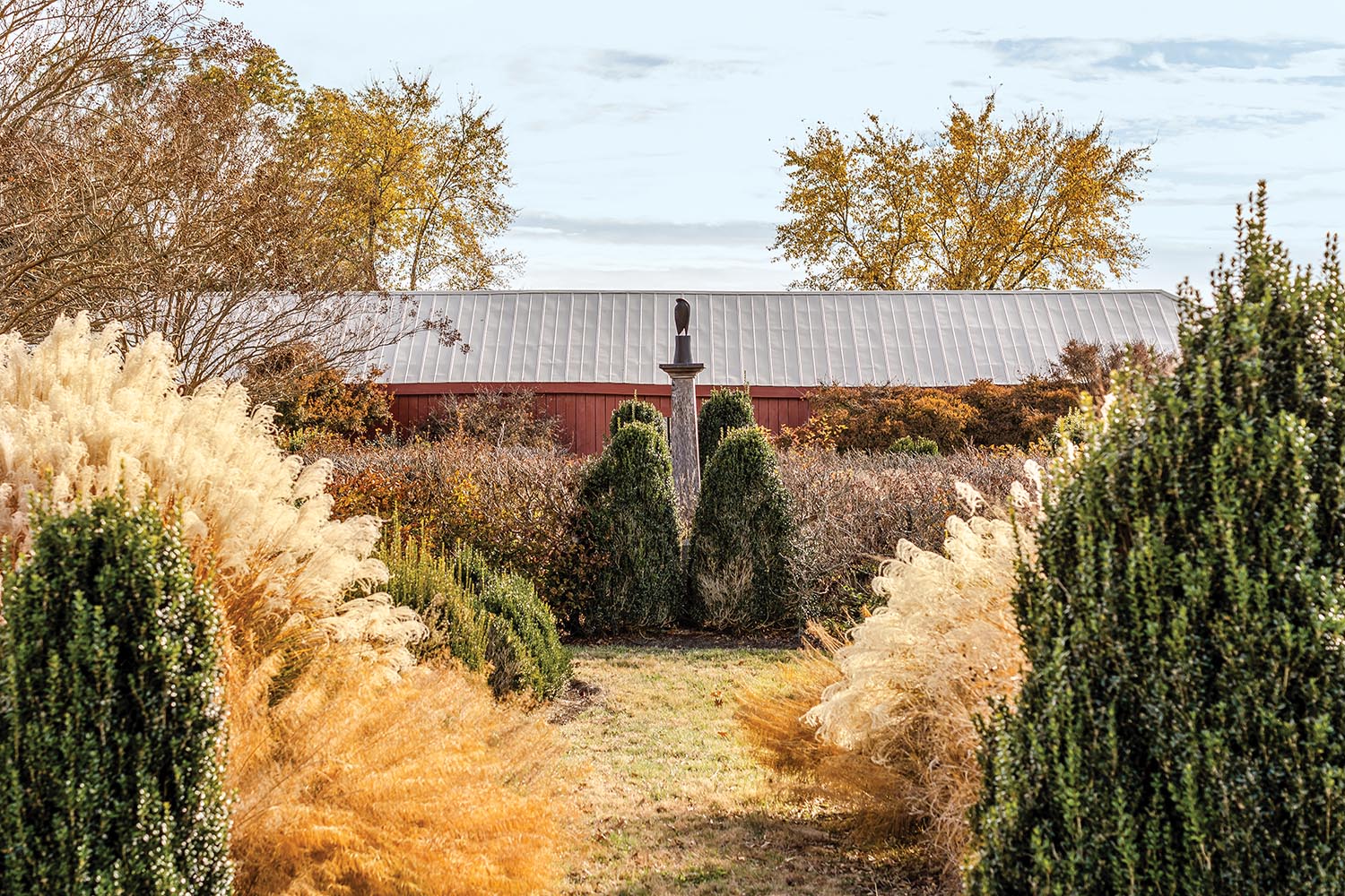 Green and gold grasses fill up a garden with a metal hawk statue and the backdrop of a red barn
