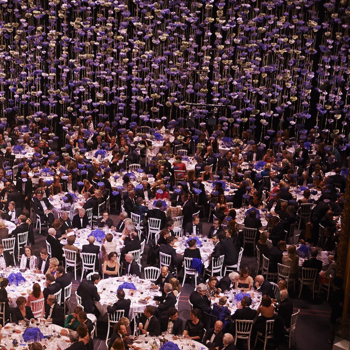 Designer Rebecca Louise Law dramatically raised 6,200 indigo hydrangeas over guests dining inside the Théâtre Royal de la Monnaie in Brussels.