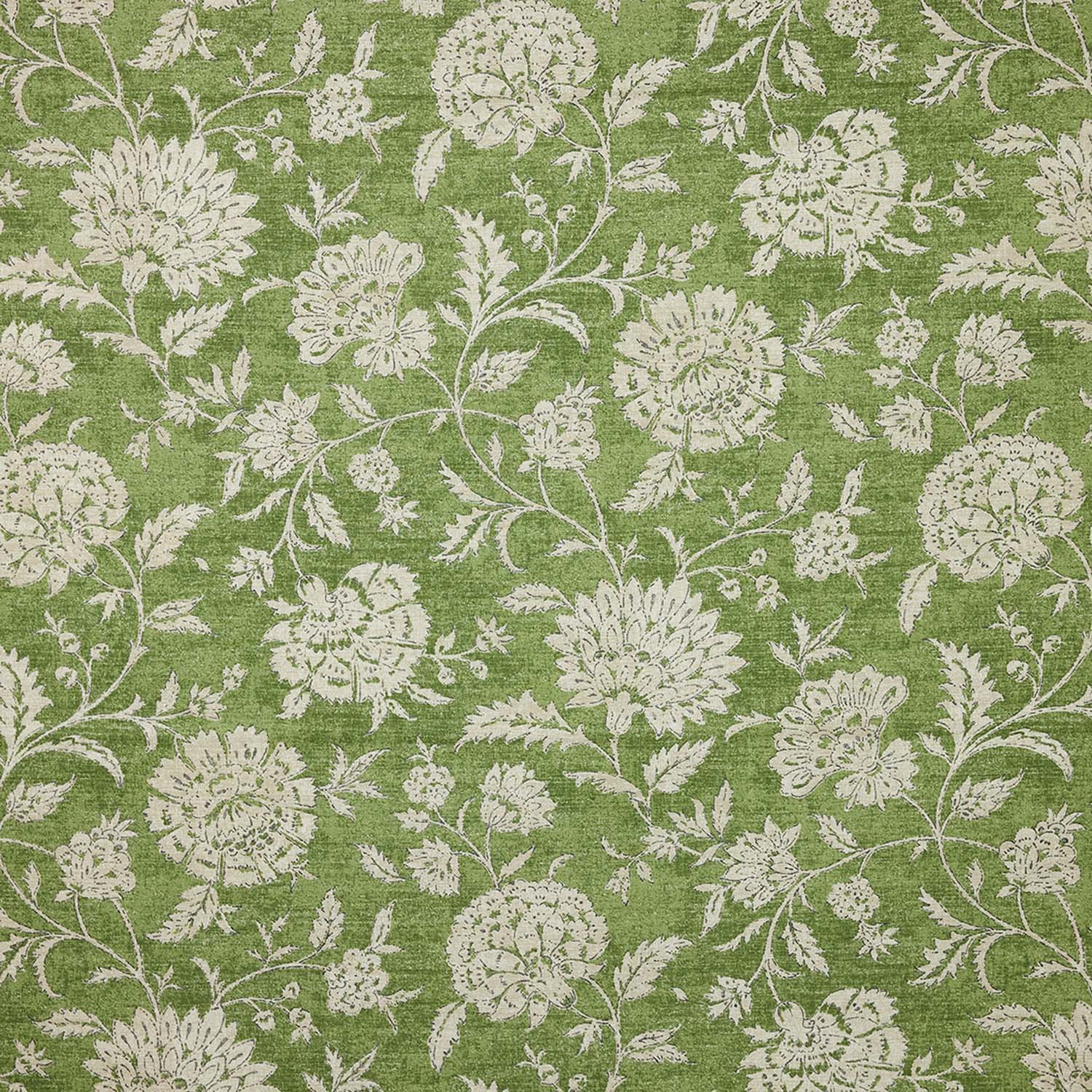 Green fabric with white floral pattern.