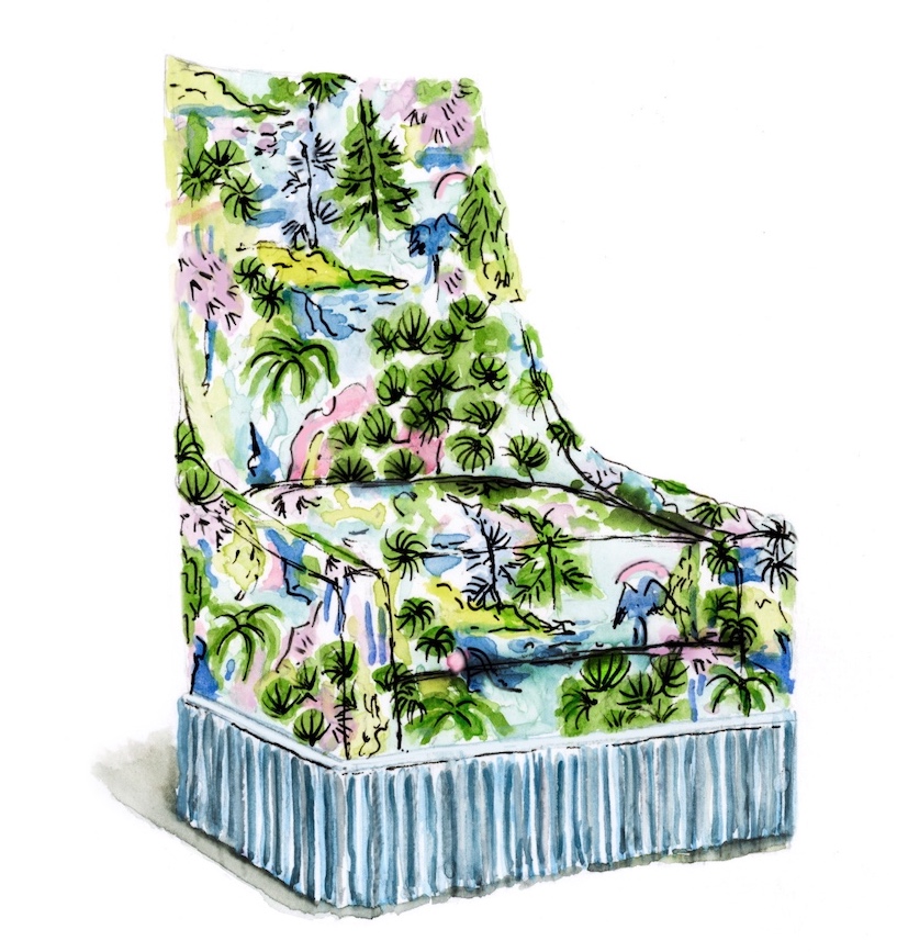 An illustration of a colorful jungle print chair.