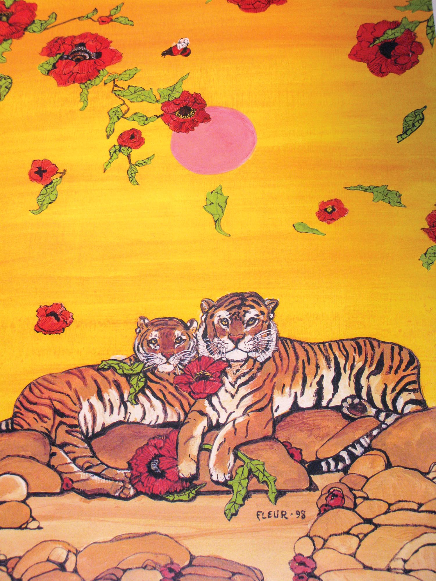 Painting of two tigers and flowers.