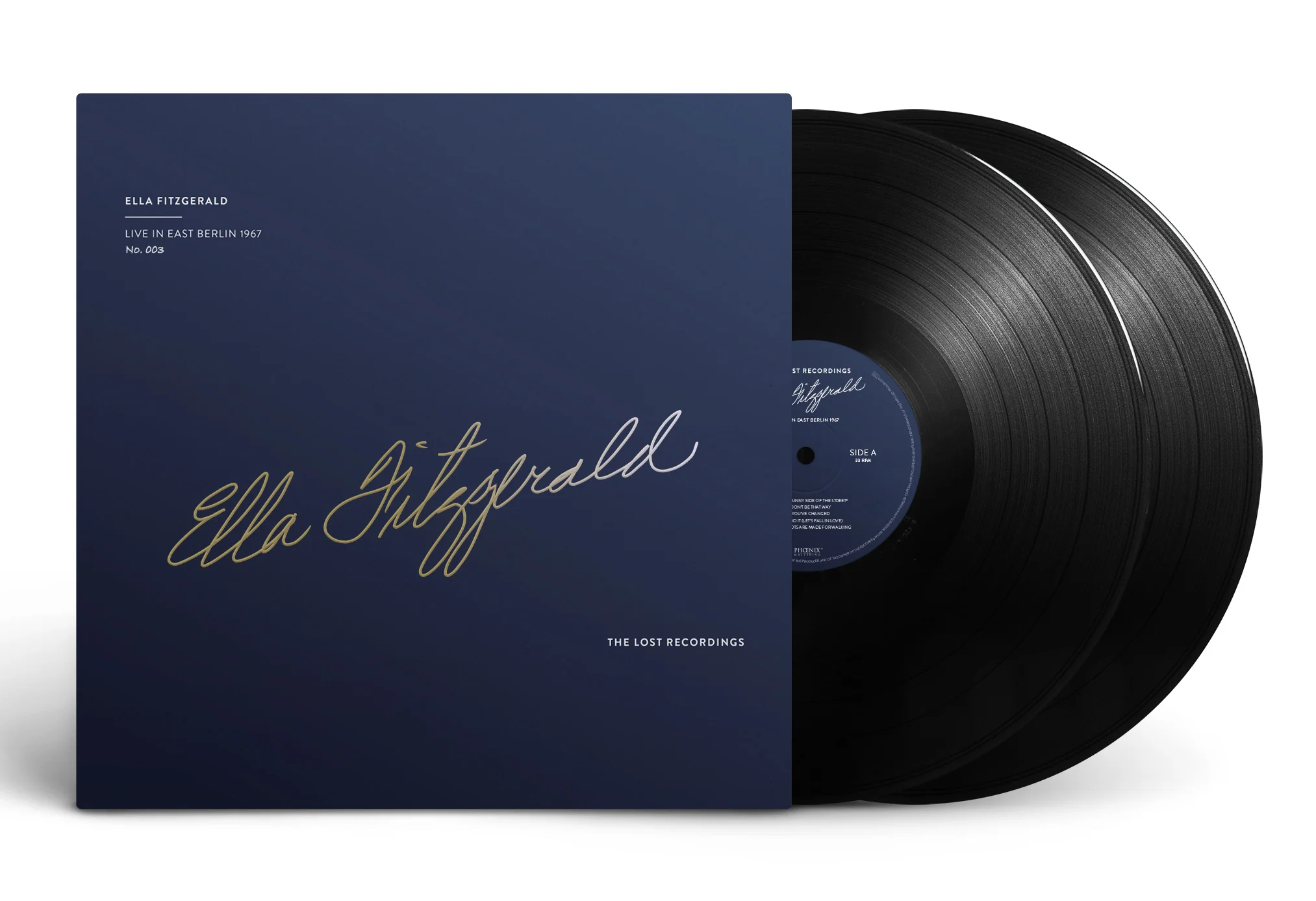 A navy blue Ella Fitzgerald cover holds two vinyl records.