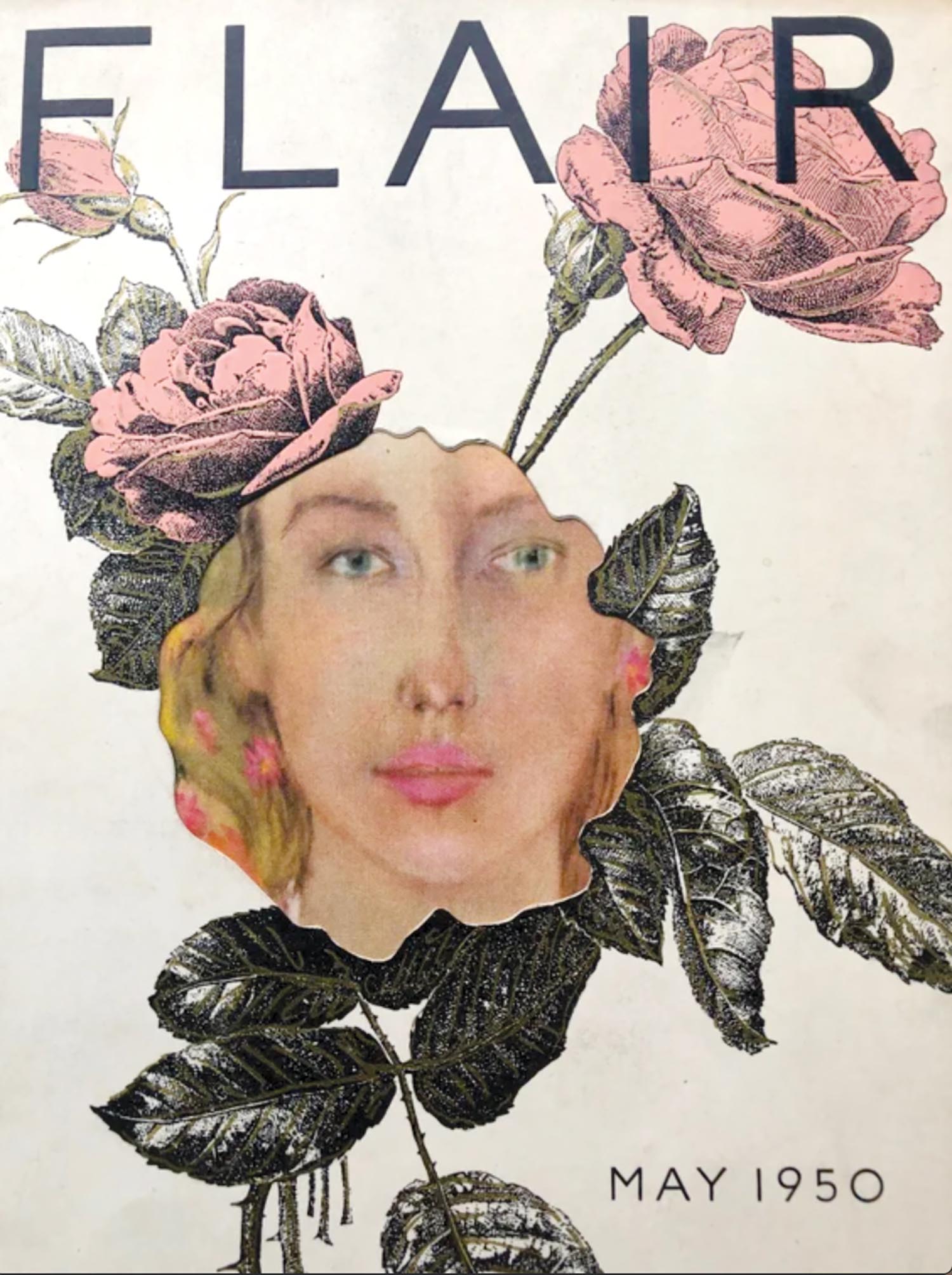Cover of Flair magazine and flowers and portrait of a blonde woman.