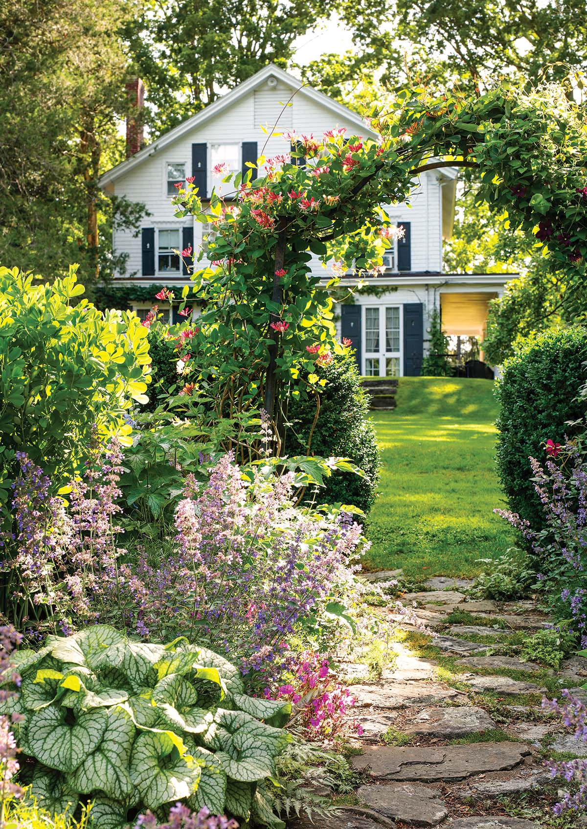 A flowering archway leads to Barbara Israel's house at Steepway Farm.