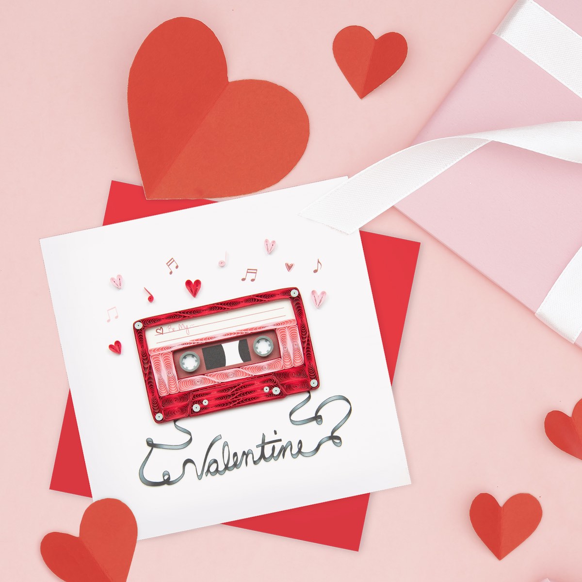 A quilled valentines card showing a cassette tape.