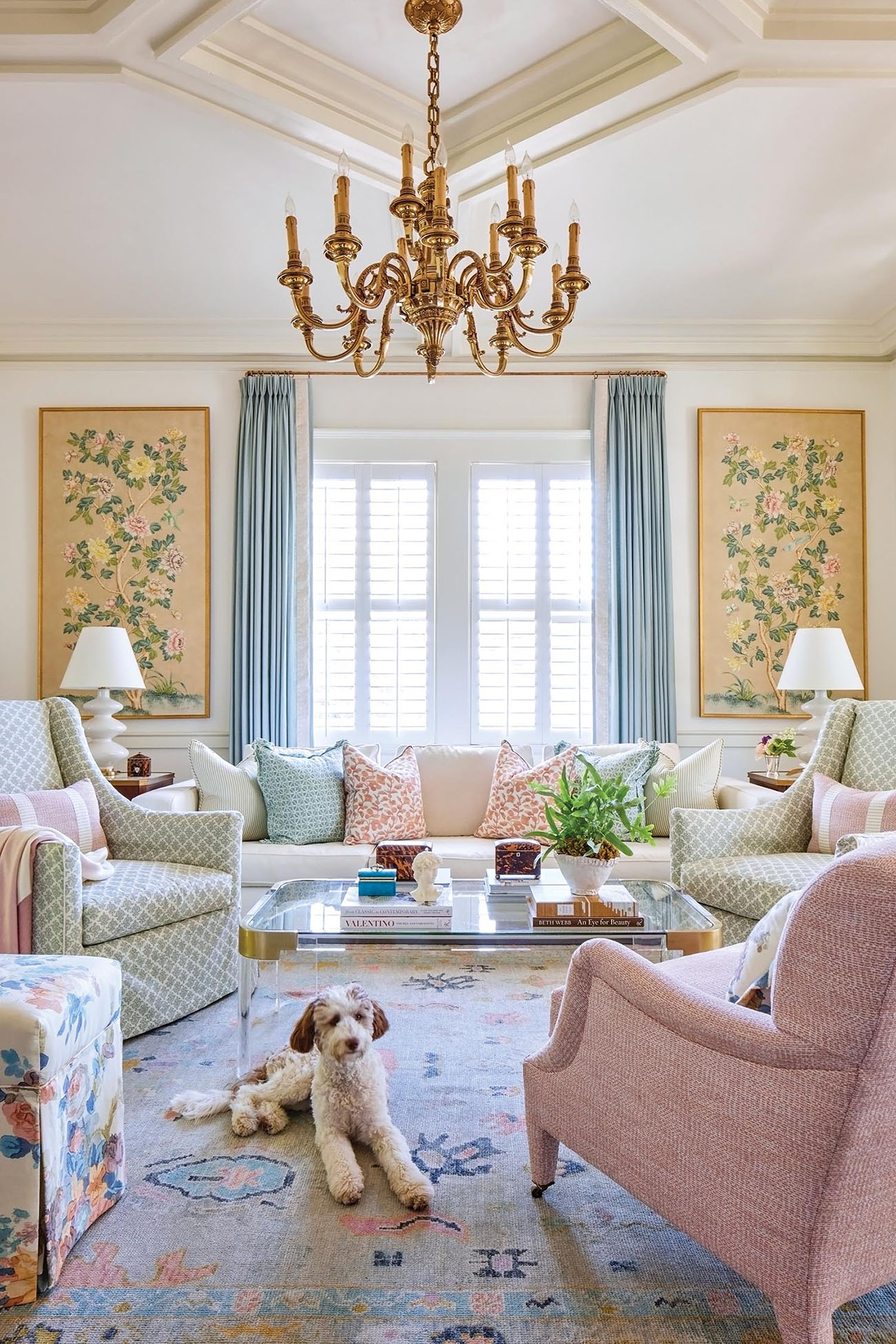 A dog sits in a pastel colored living room.