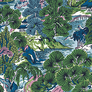 A blue chinoiserie setting on a fabric