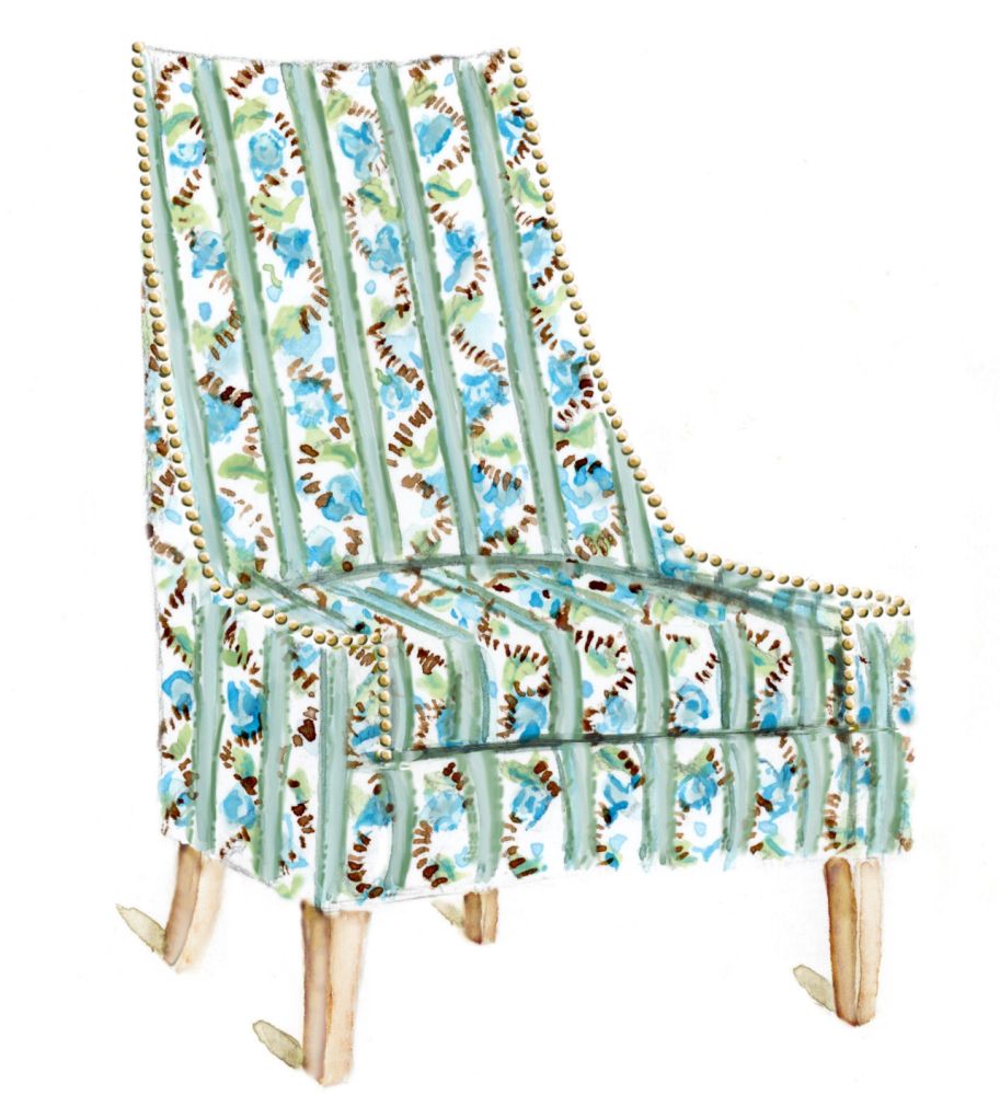 A striped floral pattern illustrated rendering of a chair.
