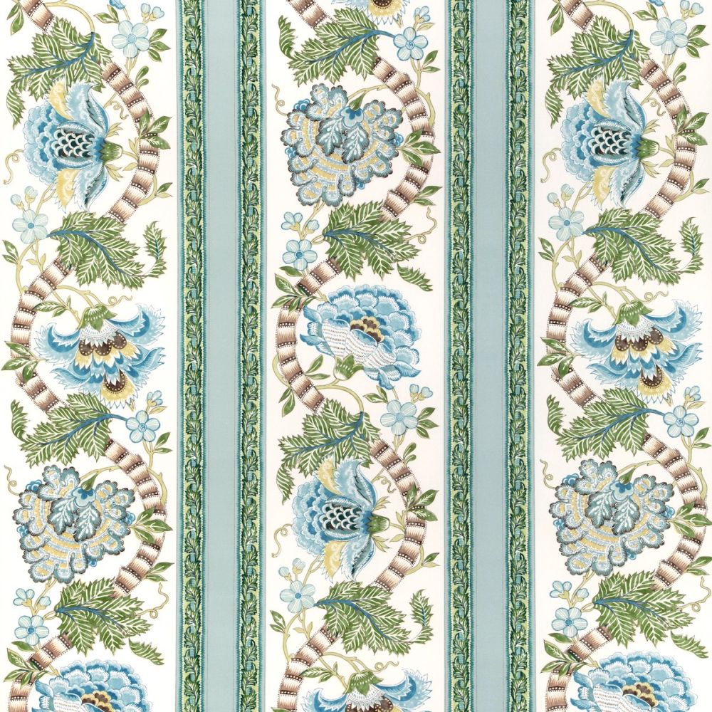 A teal colored floral patterned fabric swatch.