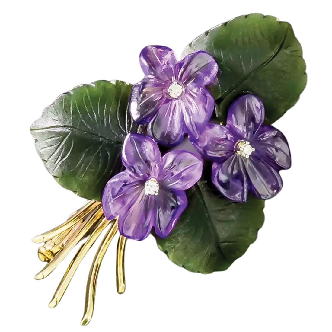 A brooch made of purple flowers.