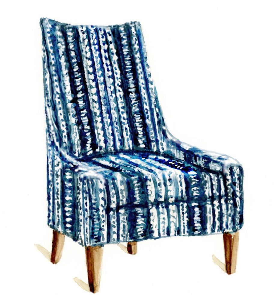 A dark blue indigo pattern illustrated on a high back chair.