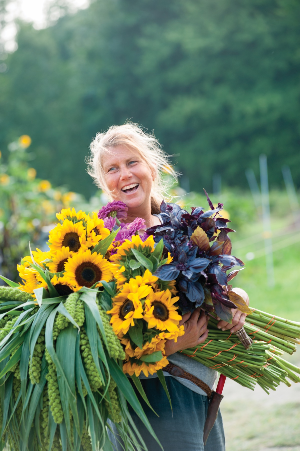 Kate Swift of Cedar Farm Wholesale holding bunch of sunflowers and other plant cuttings