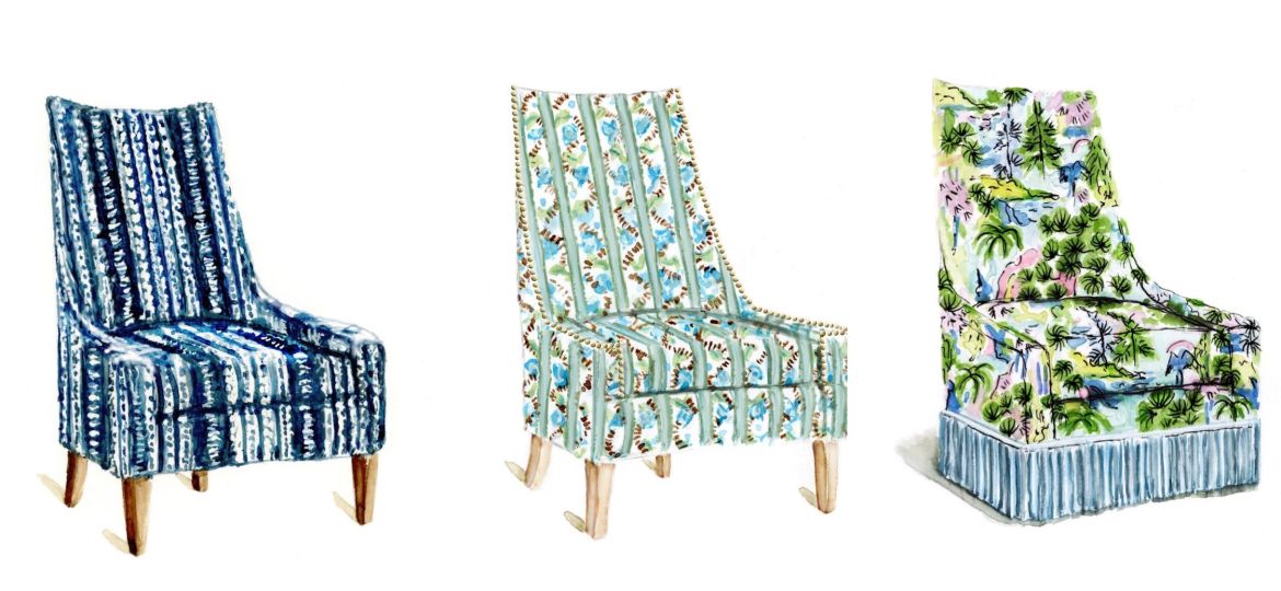 Illustration of three accent chairs with varied upholstery and trims