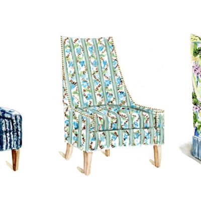 Illustration of three accent chairs with varied upholstery and trims